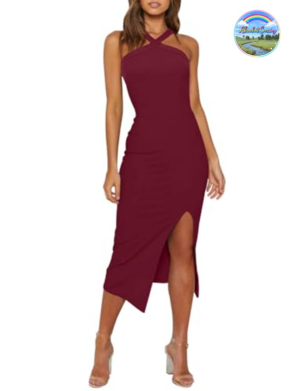 Womens Halter Bodycon Midi Dress High Waist Side Split Formal Party Cocktail